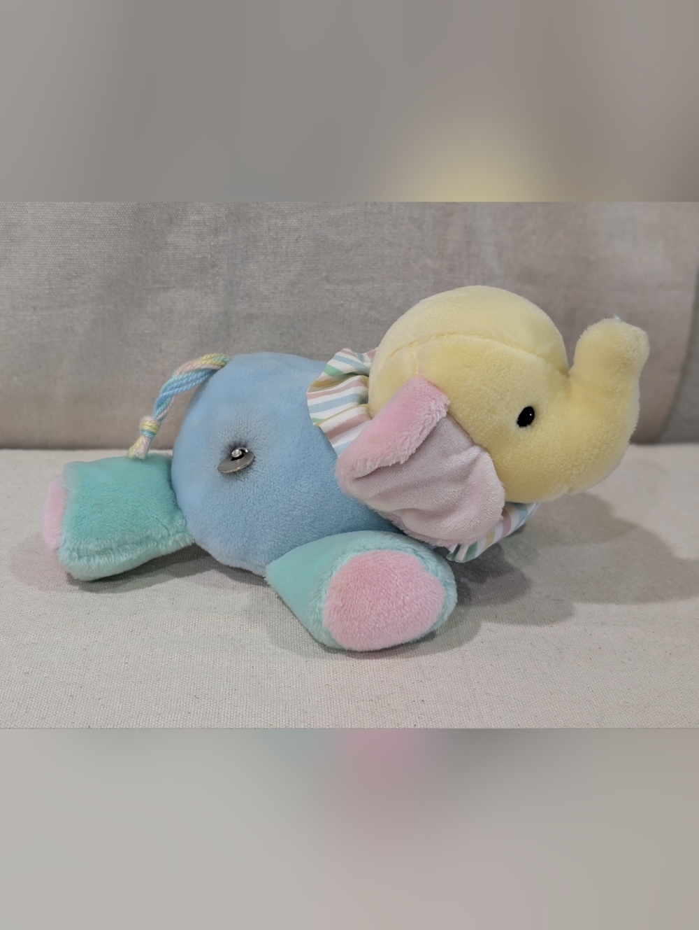 VINTAGE EDEN TOYS ELEPHANT PASTEL COLOR BLOCK CLOWN MUSIC PLUSH STUFFED ANIMAL